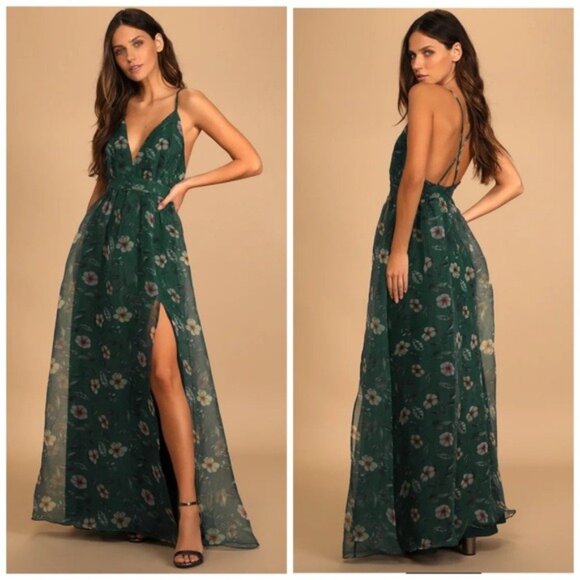 Lulus Headed for Romance Green Floral Print Organza Maxi Dress Size Small - Picture 1 of 11